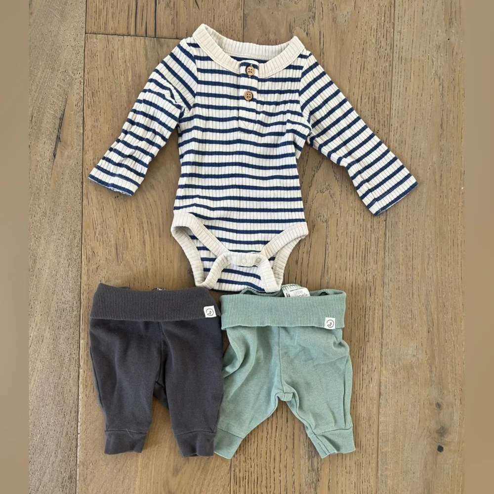 Newborn Bundle 2 pants 1 long sleeve Stripe Ribbed Button Organic Teal Gray Blue